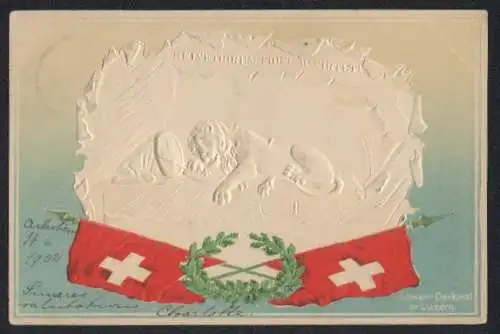 Lithographie Luzern, Löwen-Denkmal, Kranz mit Flaggen