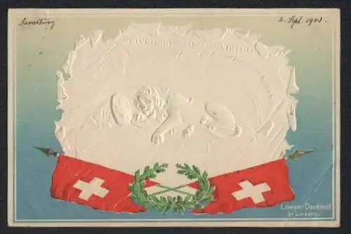 Lithographie Luzern, Löwen-Denkmal, Kranz mit Flaggen