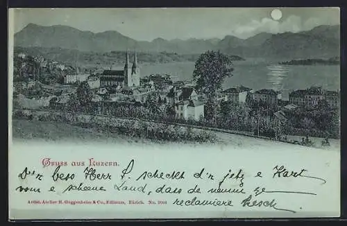 Mondschein-AK Luzern, Teilansicht mit Kirche