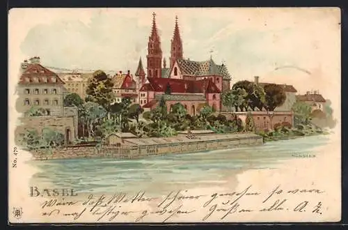 Lithographie Basel, Flusspartie am Münster
