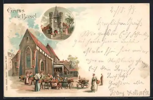 Lithographie Basel, Kirche mit Markt, Tor
