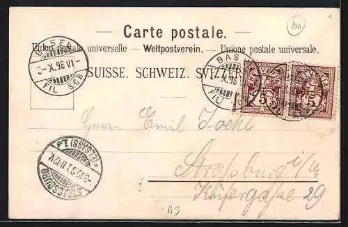 Lithographie Basel, Kirche mit Markt, Tor