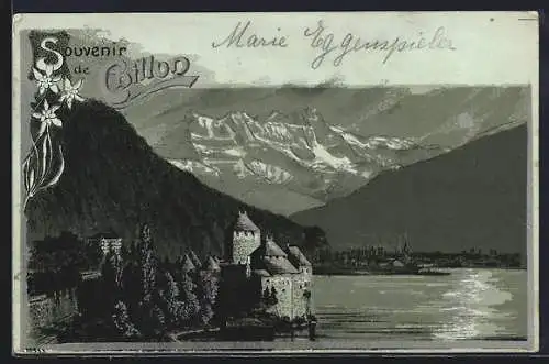 Mondschein-Lithographie Chillon, Panorama mit Burg