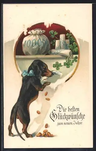 AK Dackel und Geldsäcke, Glücksklee, Neujahrsgruss