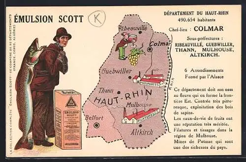 Künstler-AK Colmar /Haut-Rhin, Reklame für Émulsion Scott, Landkarte Haut-Rhin
