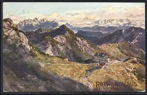 Künstler-AK Edward Theodore Compton: Rotwandhaus, Ansicht mit Umgebung aus der Vogelschau