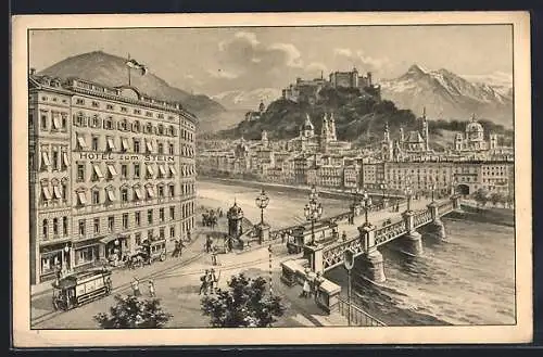 Künstler-AK Salzburg, Hotel zum Stein und Strassenbahn