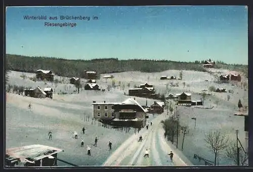 AK Brückenberg im Riesengebirge, Winterbild mit Schlittenfahrern