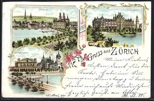 Lithographie Zürich, Utoquai, Alpenquai, Landesmuseum