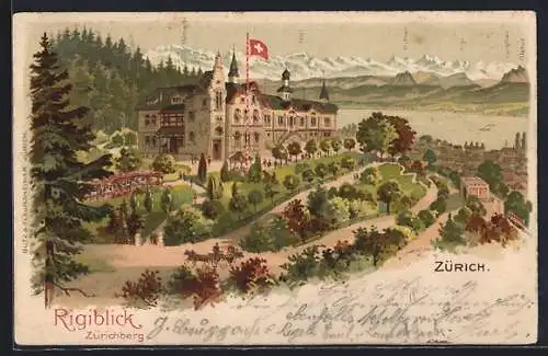 Lithographie Zürich, Zürichberg mit Aparthotel Rigiblick
