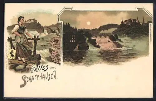 Lithographie Schaffhausen, Mädel in Tracht und Wasserfall