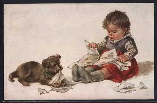 AK kleines Kind zerreisst mit einem Hund ein Bilderbuch, Tierfreundschaft