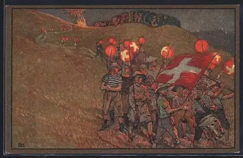 AK Schweizer Bundesfeier 1912, Rotes Kreuz, Lampion-Umzug