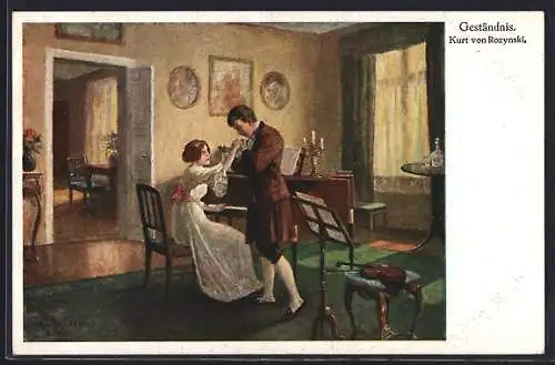 Künstler-AK Geständnis, Mann küsst die Hand einer Frau am Klavier