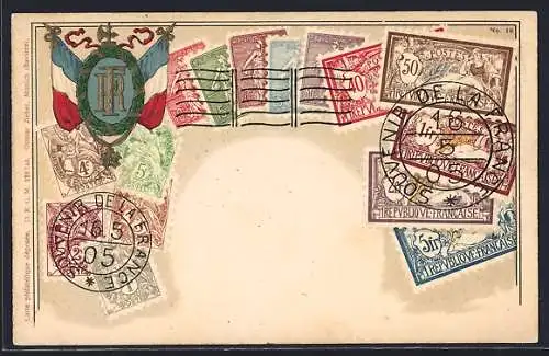 AK Frankreich, Briefmarken und Wappen mit Fahnen