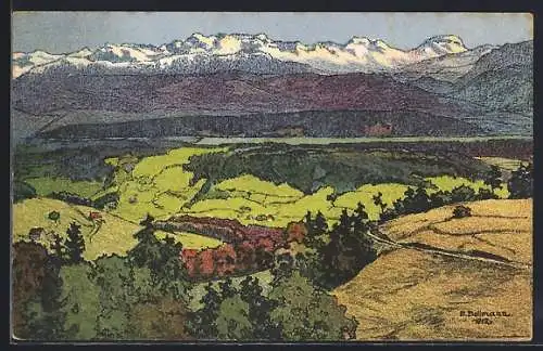 Künstler-AK sign. E. Bollmann: Winterthur, Tösstal, Bachtel, Blick gegen die Glarneralpen