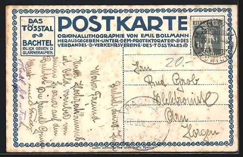 Künstler-AK sign. E. Bollmann: Winterthur, Tösstal, Bachtel, Blick gegen die Glarneralpen
