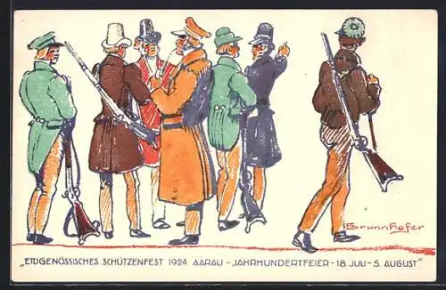 Künstler-AK Aarau, Eidg. Schützenfest 18.7.-5.8.1924, Jahrhundertfeier 1824-1924, Schützen mit ihren Gewehren