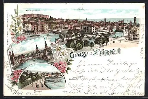 Lithographie Zürich, Teilansicht & Eid. Poytechnikum, Alpenquai, Ortspartie