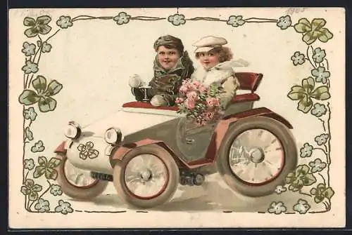 AK zwei Kinder in einem Auto, Neujahr, Klee, Vergissmeinnicht