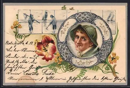AK Fischer mit Tabakpfeife und Blume, Fischer mit Keschern