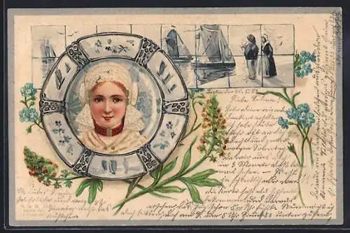 Lithographie Niederländerin in Tracht im Rettungsring