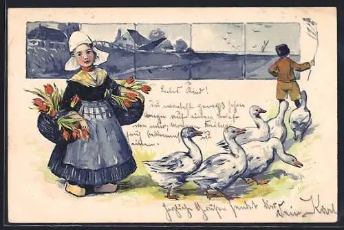 AK Mädchen in niederländischer Tracht mit zwei Körben voller Tulpen hinter Gänsen