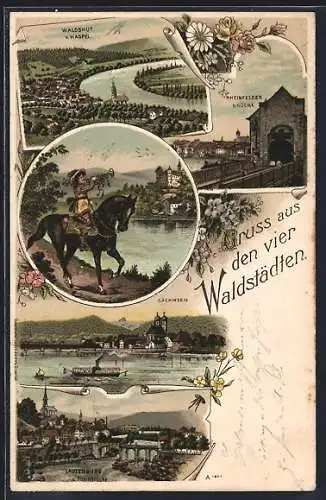 Lithographie Laufenburg, Trompeter von Säckingen, Rheinfelder Brücke, Ortsansicht