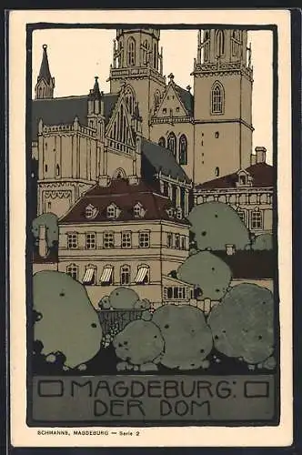 Steindruck-AK Magdeburg, Sicht zum Dom