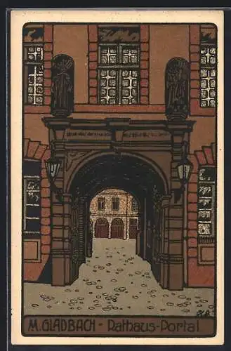 Steindruck-AK Mönchen Gladbach, Rathaus-Portal