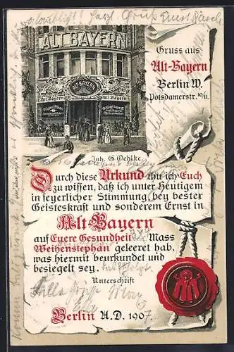 Lithographie Berlin-Tiergarten, Alt-Bayern, Potsdamerstrasse 10 / 11, Urkunde