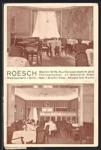 AK Berlin-Charlottenburg, Restaurant Roesch am Kurfürstendamm 210, Innenansichten