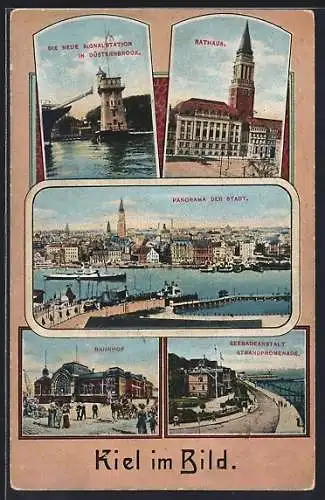 AK Kiel, Neue Signalstation in Düsternbrook, Rathaus, Bahnhof, Seebadeanstalt, Panorama