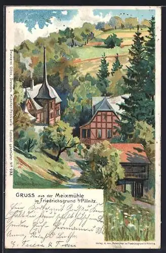 Lithographie Dresden-Pillnitz, Gasthaus Meixmühle im Friedrichsgrund