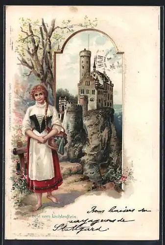 Passepartout-Lithographie Lichtenstein, Burg, junges Fräulein trägt Korsett über dem Kleid