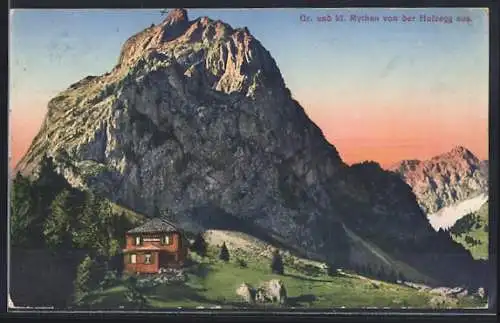AK Alpthal, Holzegg mit Blick auf die gr. und kl. Mythen in der Dämmerung