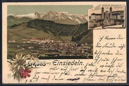 Lithographie Einsiedeln, Kloster, Gesamtansicht