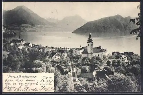 AK Vitznau, Ortsansicht mit Vierwaldstättersee und Bahntrace