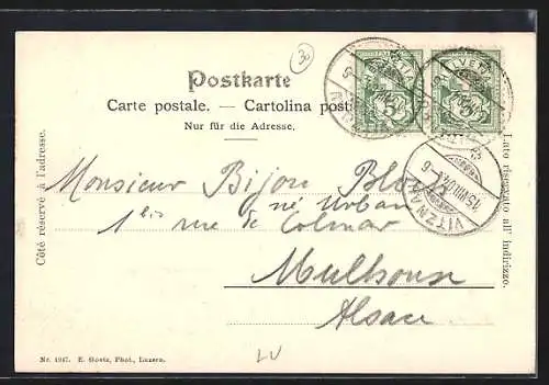 AK Vitznau, Ortsansicht mit Vierwaldstättersee und Bahntrace