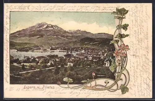 Lithographie Luzern, Stadtpanorama mit Pilatus, Blumen-Ornament