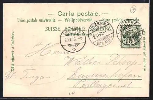 Lithographie Luzern, Stadtpanorama mit Pilatus, Blumen-Ornament