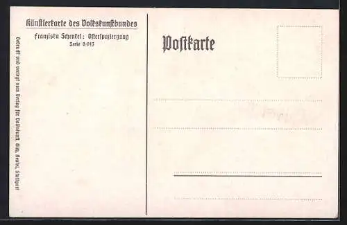 Künstler-AK Franziska Schenkel: Osterspaziergang, drei Mädchen mit Blumenstrauss, Ostereier u. Zweig m. Weidenkätzchen