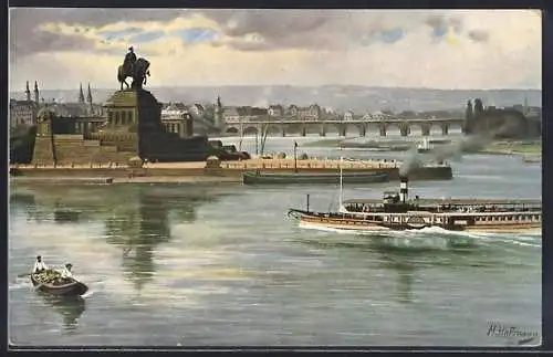 Künstler-AK Heinrich Hoffmann: Koblenz, das deutsche Eck, Kaiser Wilhelms-Denkmal beim Einfluss der Mosel in den Rhein