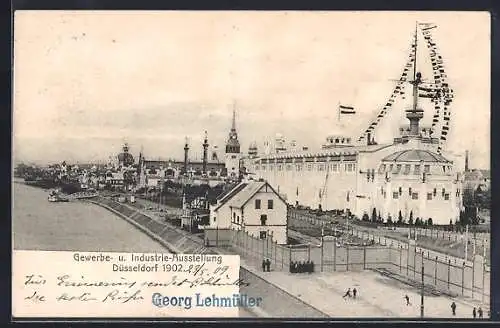 AK Düsseldorf, Gewerbe- u. Industrie-Ausstellung 1902, Festgebäude mit Rhein aus der Vogelschau