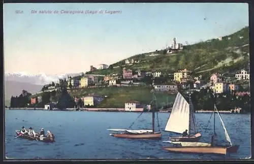 AK Castagnola, Blick zum Ort, Segelboote, Ruderboot