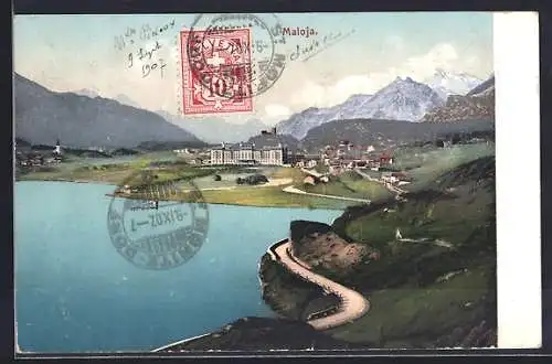 AK Maloja, Ortsansicht mit See und Bergen
