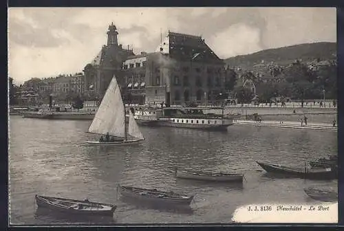 AK Neuchâtel, Le port, Dampfer, Segelboot