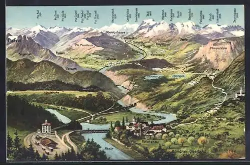 AK Reichenau am Rhein, geografische Karte mit Orten in Deutschland und der Schweiz mit Alpen
