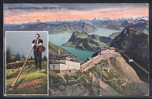 AK Luzern, Sonnenaufgang auf Pilatus Kulm, Alphornbläser