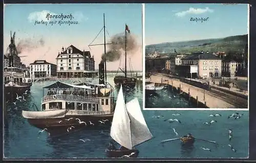 AK Rorschach, Hafen mit Kornhaus und Dampfern, Bahnhof